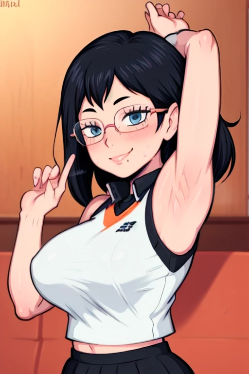 masterpiece, best quality, shimizu kiyoko, looking at viewer, black hair, blue eyes color, very large breasts, upper body, portrait, looking at viewer, seductive smile, armpits, armpits visible, sweaty armpits, wearing black orange cheerleader uniform, wearing glasses, two braid hair