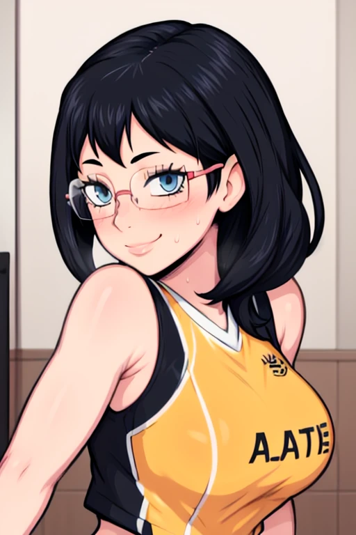 masterpiece, best quality, shimizu kiyoko, looking at viewer, black hair, blue eyes color, very large breasts, upper body, portrait, looking at viewer, seductive smile, armpits, armpits visible, sweaty armpits, wearing black orange cheerleader uniform, wearing glasses, two braid hair