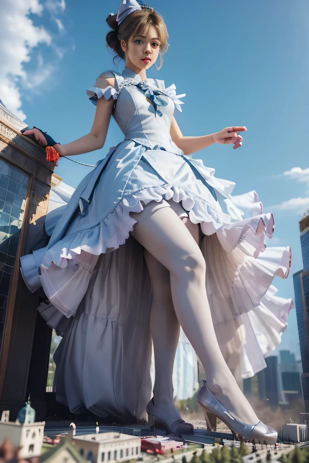 giantess art, highly detailed giantess shots, giantess, Two legs, Five fingers, short hair, super giant princess, A beautiful girl who is bigger than any skyscraper, Wearing rimless glasses, Big Breasts, White gorgeous dress, White Pantyhose, white pantyhose, White stiletto sandals, toes visible through pantyhose, Destroying cities, A very small big city, Miniature metropolis, Full body description, GTS, giga giantess, stomping city, crash city, tiny city, micro city, pantyhose feet, High resolution, highest quality, masterpiece, princess dress,