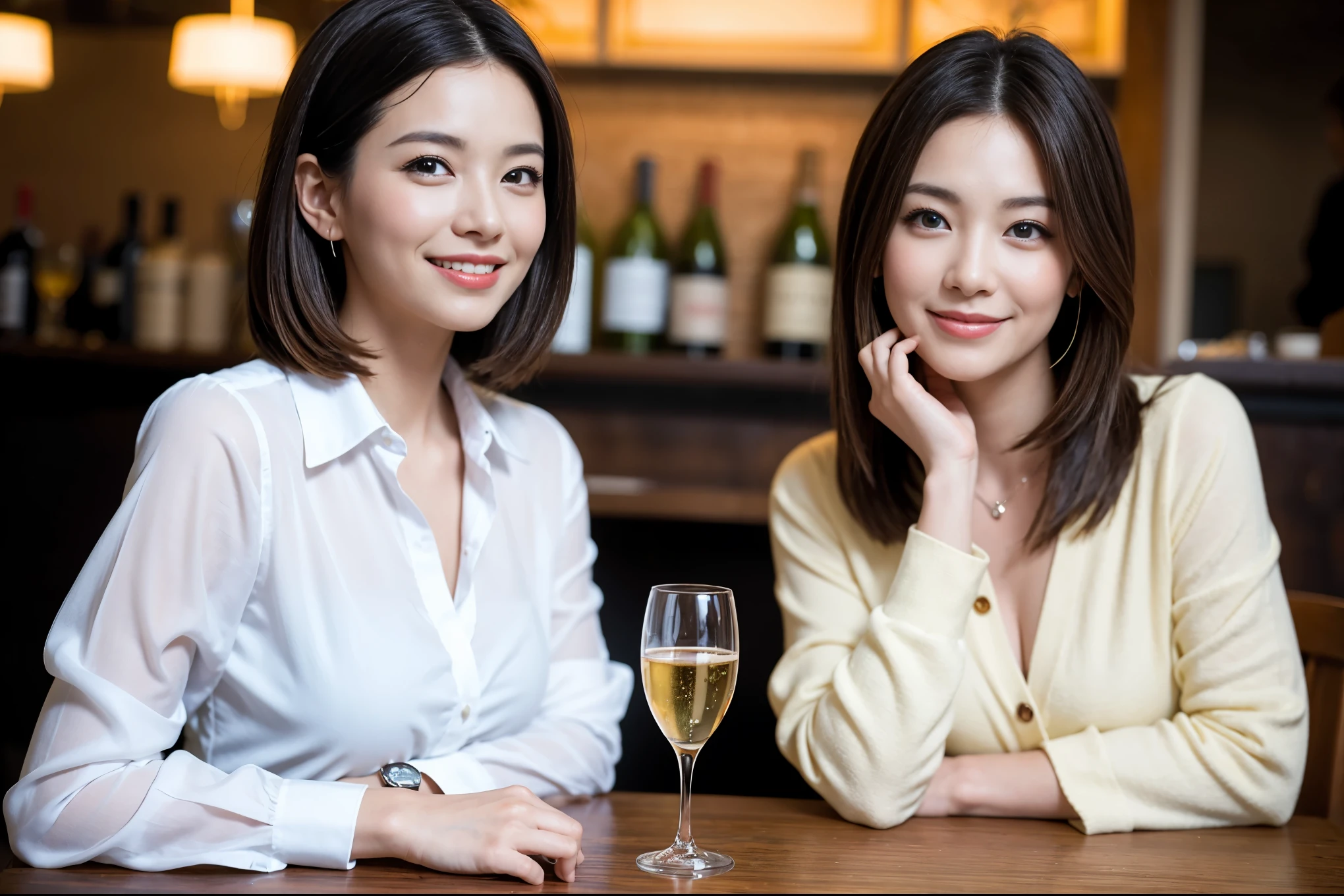 ((highest quality、8k、masterpiece:1.3))、One male lover、1 female、石原さとみ似Couple、model、Spouse、Couple、The body is slim、((Bob Hale、Straight hair:1.2)), (Realistic, Intricate details:1.2), テーブルの上のwine glass、Shine light on your face、 Amazing view of the sunset sky and clouds、Amazing mountain views、A bright smile、The wonderfulness of smile、Bright image、The beauty of wine, Beautiful Face, blue eyes, The light shines on your face, Blushing, short hair,Bright Face、 (Age 37), 39 years old, red wine 、Appetizers、Italian food、Wine bottle、Champagne、sparkling wine、Two beauties、Brown Hair、Shortcuts、Long sleeve shirt、dress、Pretty Woman 1, (slimな顔), (The body is slim), (Brown Hair), (Shortcuts), cheeks turn a little red,Attractive beauty、restaurant, In a prominent place (From the waist up) Nova Frog Style, actress, model, Upper Body, White wine, slim, wine glass, 中央に置かれたwine glass, smile, (smile: 1.15), Beautiful fine grain, Depth f/2,saturation, High Contrast, Strong light and shadow,Moist Body:1.5、3D texture、Delicate eyes、Brown Hair、The hair is very shiny、