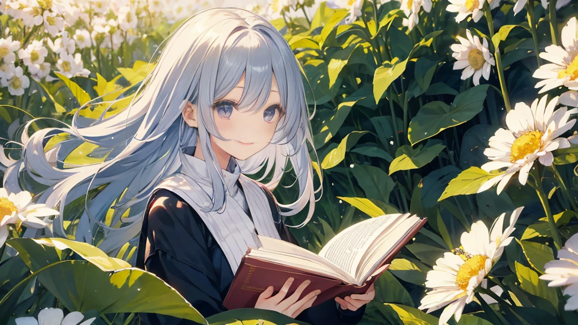 (Cute older sister:1.3)、Long eyelashes、smile,Spring atmosphere、noon、Aggressive、hot、((Strong winds))、whole body、Shining Eyes、sneeze、pollen,Reading a book,whole body,One Woman