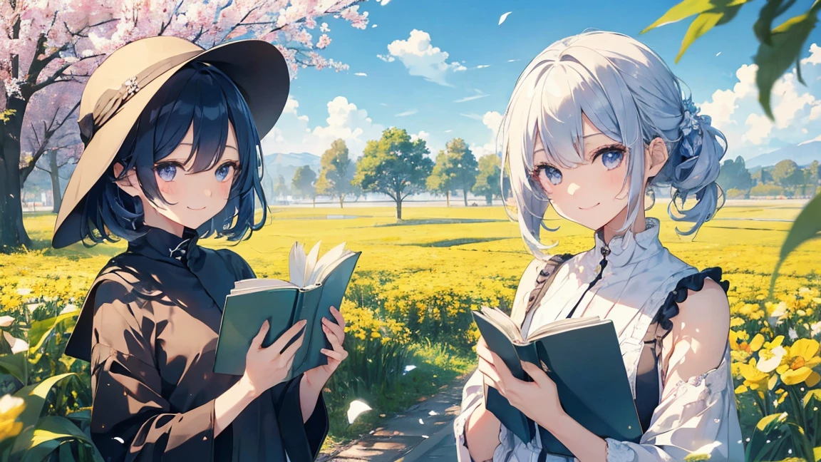 (Cute older sister:1.3)、Long eyelashes、smile,Spring atmosphere、noon、Aggressive、hot、((Strong winds))、whole body、Shining Eyes、sneeze、pollen,Reading a book,whole body,One Woman