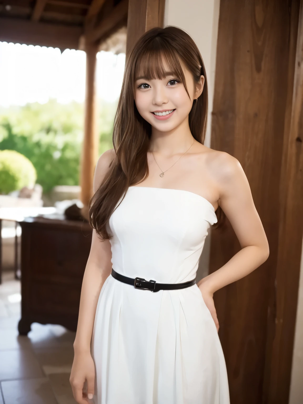 A beautiful Japanese shy girl, age 18 years old, brown hair tie up, brown big eyes, shiny lip, ecstatic expression, shiny hair, wearing tight strapless sleeveless solid white dress, belt on waist, in castle, standing pose, wearing high heels, background is very blurry, wearing neckless, whole body photo,