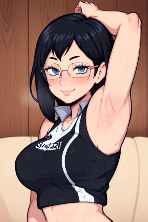 masterpiece, best quality, shimizu kiyoko, looking at viewer, black hair, blue eyes color, very large breasts, upper body, portrait, looking at viewer, seductive smile, armpits, armpits visible, sweaty armpits, wearing pink cheerleader uniform, wearing glasses, two braid hair