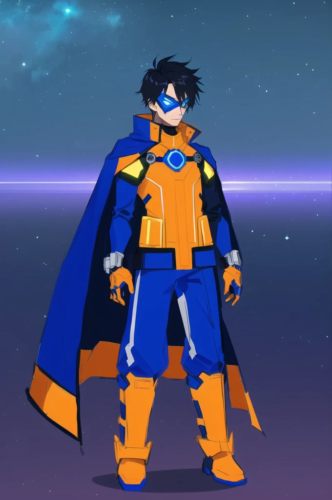 a man in a blue and orange outfit, coloured in blueberra and orange, full portrait of electromancer, new costume concept design, wearing hero costume, some orange and blue, with cape, cyber universe style, full body hero, full body with costume, draconic looking armor, supervillain, hero 2d fanart artsation, blue cape, blue mask, Black hair