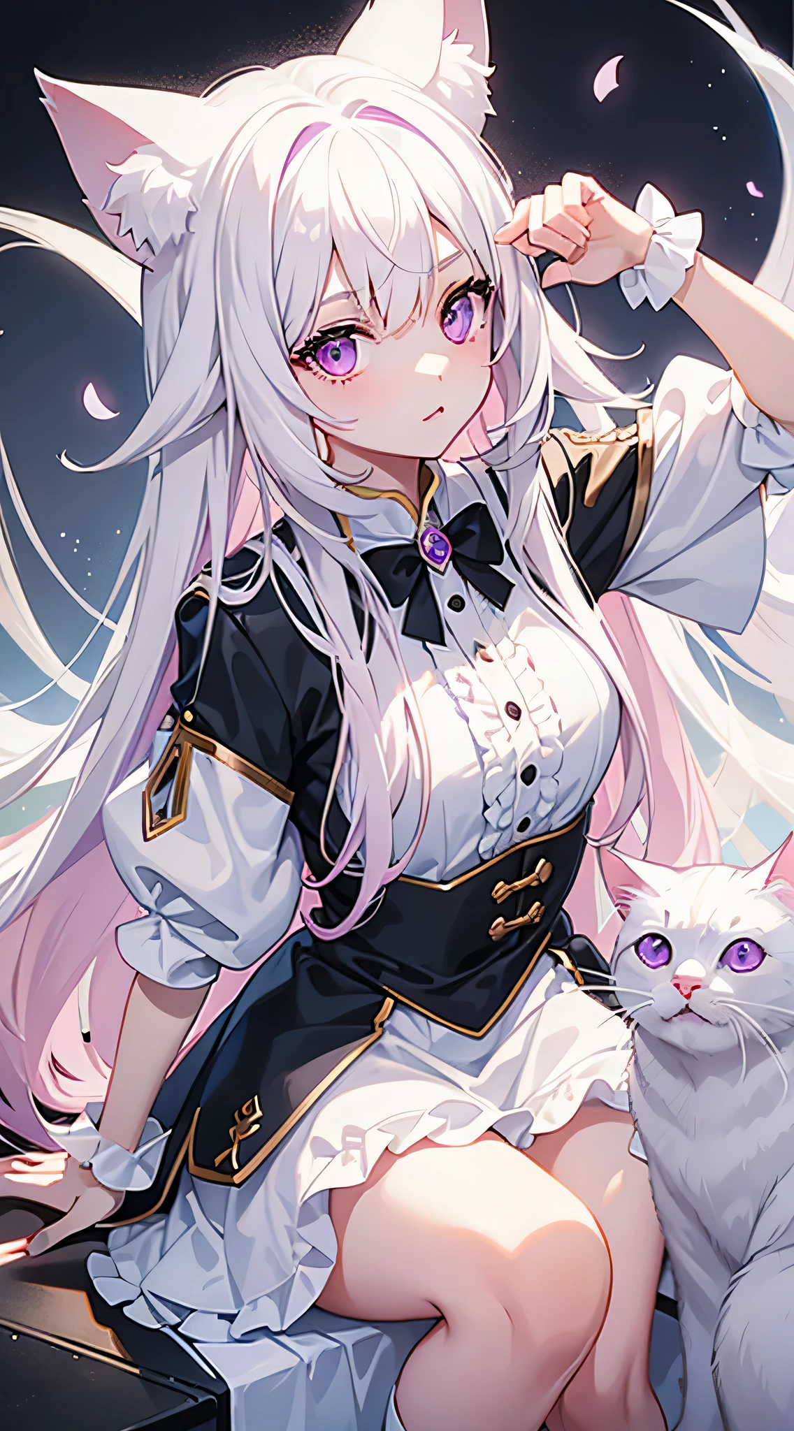 Young girl, Long white hair, The inner is pink,Cat ear, Violet Eyes, masterpiece, high quality