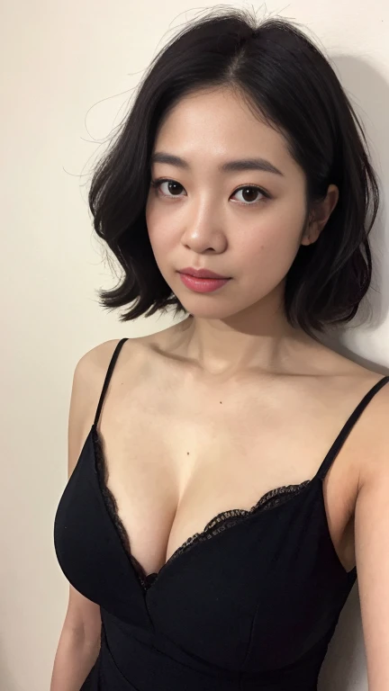 highest quality,masterpiece,Ultra-high resolution,(Realistic:1.4),Beautiful lighting, (Highly detailed CG Unity 8k wallpaper), Beautiful face in every detail,Detailed clothing, 50mm portrait photography, No background、One Girl,Big black eyes, cute, young, stop temporarily, Facial Lighting, Physically Based Rendering,Written boundary depth , Black Hair, short hair, ((Take from above)), Japanese women、20-year-old、dress、(Big Breasts)、(Upper Body)、Young and beautiful woman taking a selfie, Taken with iPhone camera、In front of a white wall