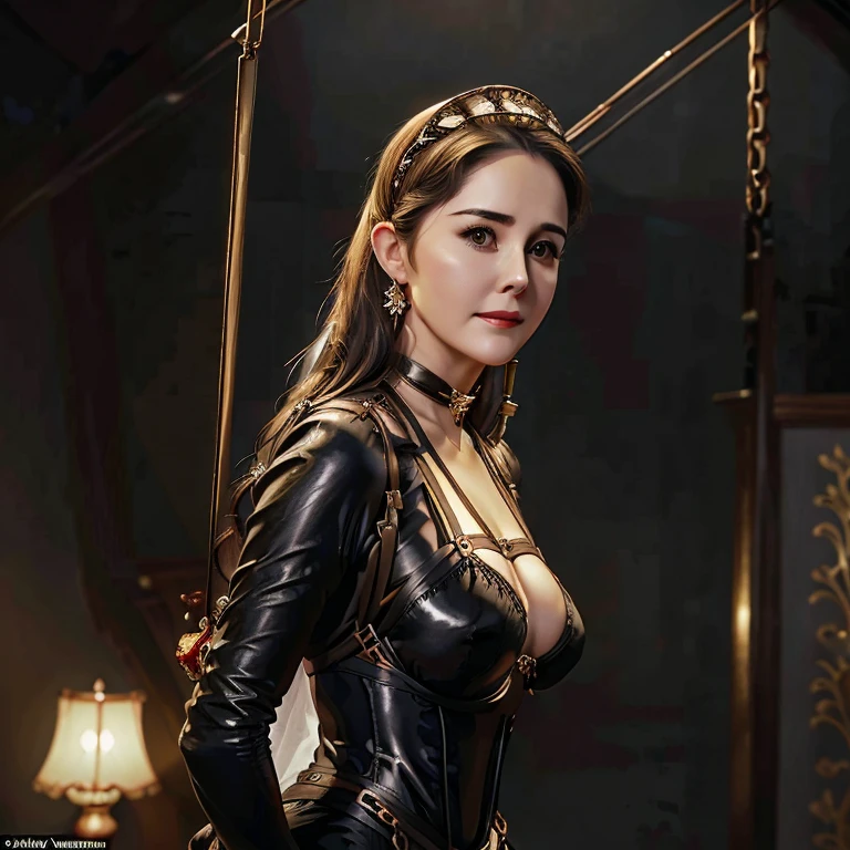 I love XXX:1.4,highest quality, masterpiece, (Very delicate and beautiful:1.2), Blurred Background, View Viewer, One Marian Rivera, Complete set of black silk lingerie:1.3,alone, Robber Girl, Red lips, blush,Edo Trapping Technique、 , Black , Golden corset, , handcuffs, collar, (suspension:1.6), Exposing , Arms tied, Put your arms behind your back, Suppressed, ((((Marian Rivera is a beautiful 30-year-old))))A luxurious golden interior with a baroque feel