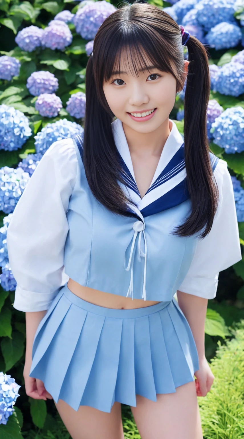 最high quality、high quality、Best image quality、Light blue sailor suit、Tight uniform、(Large Breasts),Summer clothes、pleated mini skirt、I can see her panties、Twin tails、smile、,最High resolution、High resolution、最high quality、masterpiece、RAW Photos、whole body写真、Detailed and realistic human body、Detailed and realistic skin、Realistic face in every detail、Detailed and realistic eyes、Detailed and realistic lips、Detailed and realistic teeth、Detailed and realistic ears、Detailed and realistic hair、Detailed and realistic weapons、Realistic reproduction of every detail、Realistic fingers in every detail、(Beautiful Hands、thumb１reference４)、Realistic feet down to the last detail、((Beautiful Japanese Woman))、(Japanese Model)、((21 year old beautiful woman))、(Black Hair)、(Straight hair)、((whole body))、(Slim and perfect figure)、(whole body光沢肌、Fair skin)、Detailed and realistic human body、Detailed and realistic skin、Realistic face in every detail、Detailed and realistic weapons、Realistic fingers in every detail、Detailed realistic feet、Soft natural light、Japanese garden、A 360-degree view of hydrangea fields、((Standing in the middle of a hydrangea field(A girl surrounded by hydrangeas 360 degrees))、Poses to make your thighs look beautiful