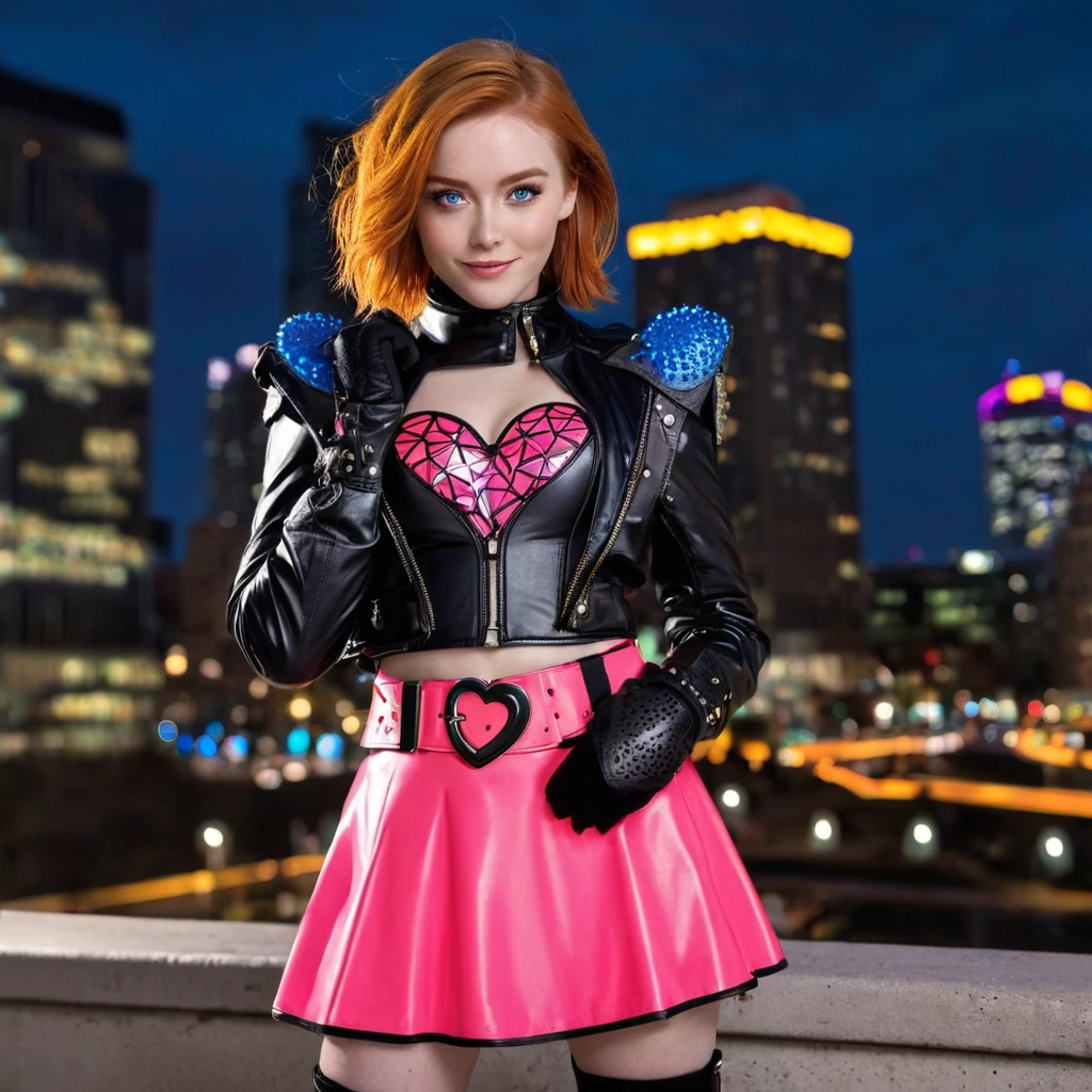 Topless girl,cowboy shot, beautiful nora_valkyrie, looking at viewer, smile, short hair, blue eyes,heart cutout, gloves, jacket, pink skirt, pink belt, short sleeves, puffy sleeves, single armband, fingerless gloves, orange hair, pink gloves, dynamic pose, night, outdoors, city, (volumetric lighting), best quality, masterpiece, intricate details, tonemapping, sharp focus, hyper detailed, trending on Artstation, nude breasts