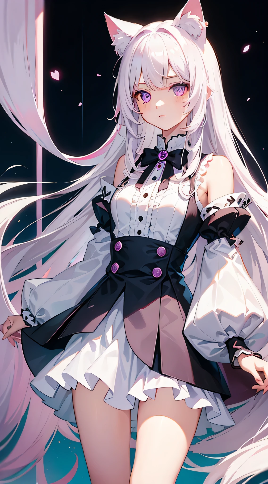 Young girl, Long white hair, The inner is pink,Cat ear, Violet Eyes,  masterpiece, high quality