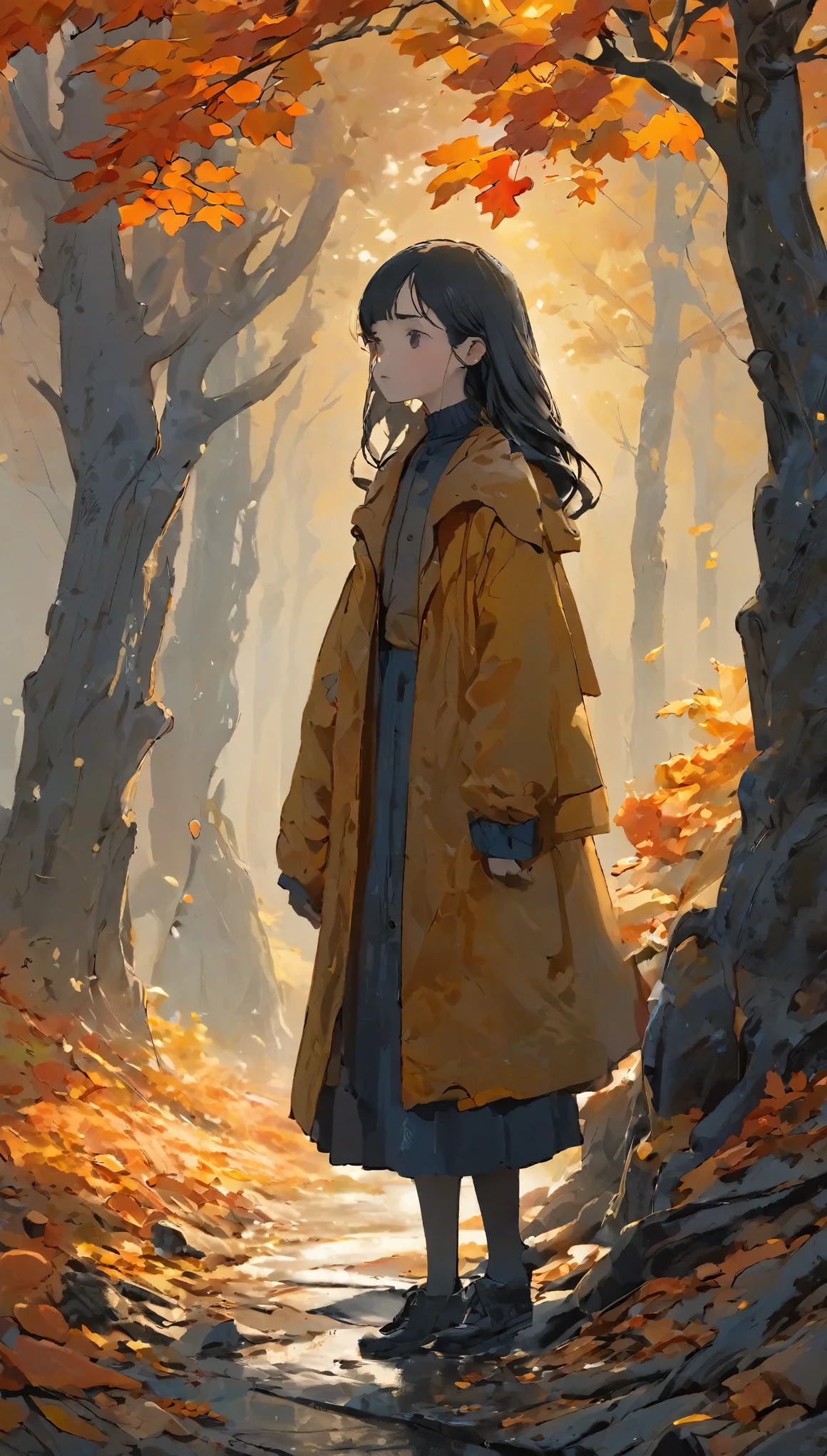 girl, Surreal art,solo、Little Woman、shortcut、Natural color clothes、Natural look、mineral pigments, 3D Clay sculpture art, Clay sculpture, Rough surface, (slope,slope background,Jet black background,Eat food,alone,Are standing),highest quality、Ultra-detailed、High quality details、８ｋ、autumn leaves:1.5、deep autumn forest、Tree leaking day、silence