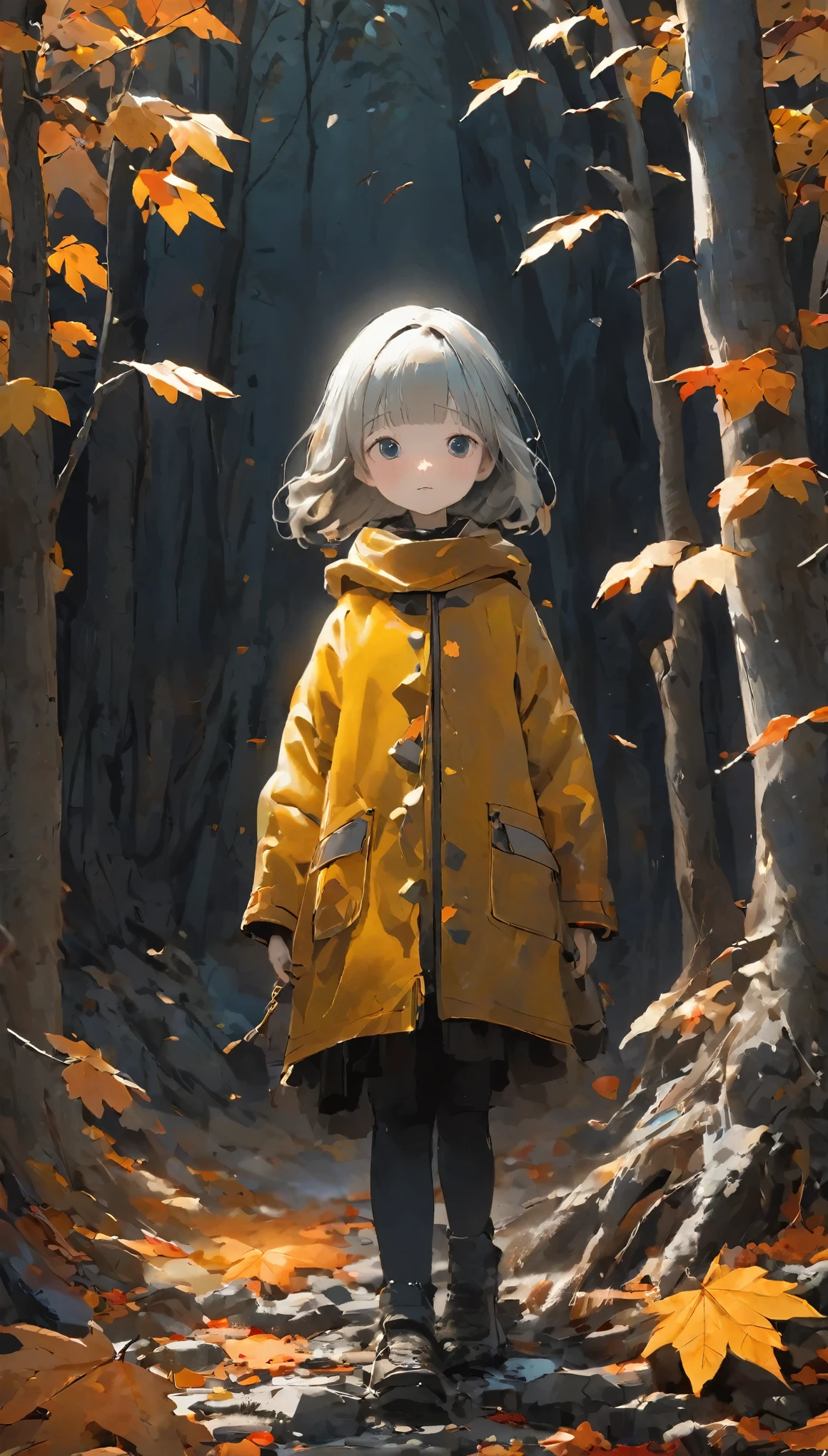 girl, Surreal art,solo、 Woman、shortcut、Natural color clothes、Natural look、mineral pigments, 3D Clay sculpture art, Clay sculpture, Rough surface, (slope,slope background,Jet black background,Eat food,alone,Are standing),highest quality、Ultra-detailed、High quality details、８ｋ、autumn leaves:1.5、deep autumn forest、Tree leaking day、silence