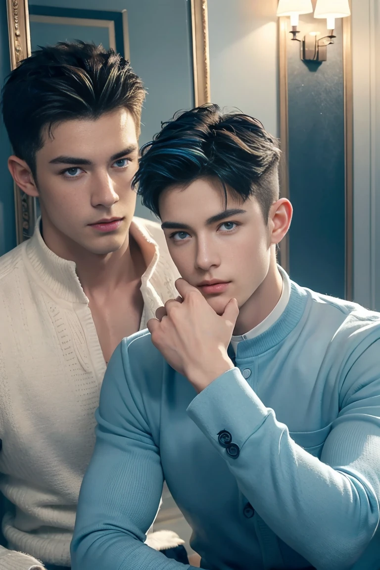 Ultra wide angle,((masterpiece)),((best quality)),8K,High Detail,Very detailed, 2 handsome muscular boys,Very manly,blue eyes,Stylish short hair,Vivid male image, fashion pose, masculine expression,Real skin texture, ((Perfect hand details)),(Real and complete hand details),Light,
Royal blue style couple,White male model photos