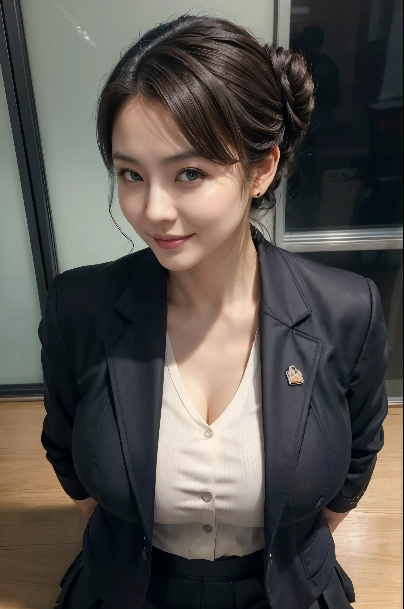 (masterpiece, highest quality, Realistic, High resolution, photograph, :1.3), Sharp focus, 1 Cute Japanese mature woman, 40 years old, Hot Model, Highly detailed eyes and pupils, Realistic Skin, ((Voluptuous body:1.2)), ((big tits:1.2)), big ass, Neckline, Highly detailed hair, Delicate face, Sensual look, Bright lips, Chubby lips, Natural Lip, big thick thighs, ((updo hair:1.2)), ((business jacket:1.5)), ((business tight skirt:1.5)), in office, ((whole body shot)), standing pose, smile, ((from below)),