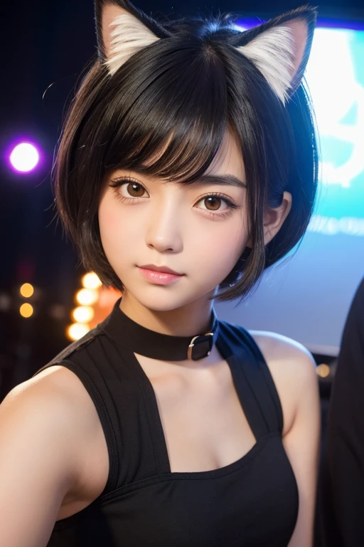 childhood friend,Short Hair,Black Hair,Thick eyebrows,Single,{masterpiece},{high quality},{Super detailed},{Perfect Face},Cat ear,Cat Pose,night,stage,I&#39;m staring at you,moon,Beautiful background,Round Glasses,cat suit