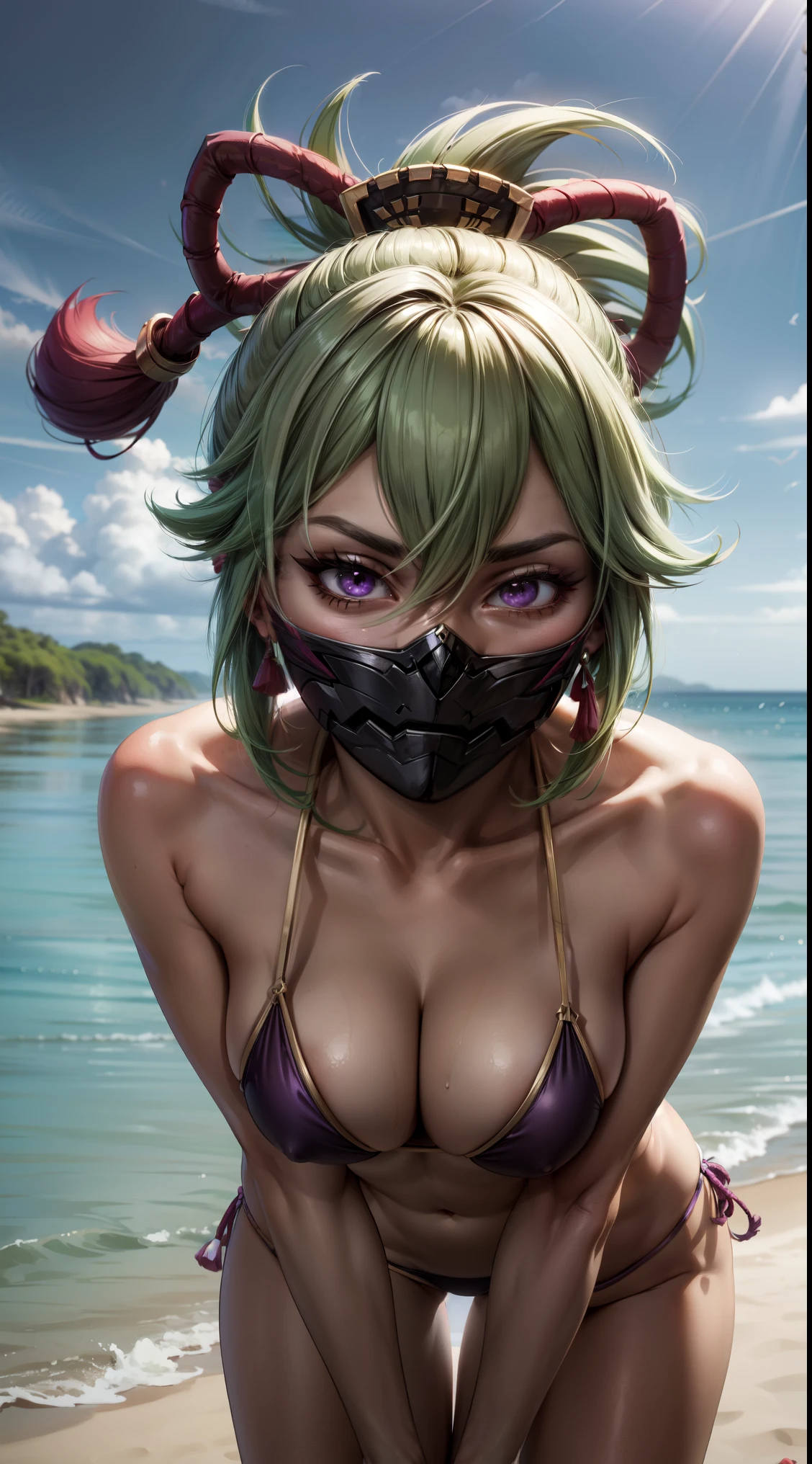 anime, beautiful face, highly detailed face, purple detailed eye, highly detailed beach background, best lighting, no shadows, 1girl, solo, outdoors, genshin impact, kuki shinobu, beautiful short green hair, hair bow, absurdres, high res, ultrasharp, 8K, masterpiece, looking at viewer, (kuki shinobu mask:1.2), BREAK (detailed sexy beach bikini:1.3), (sexy pose:1.2), (hands behind head:1.3), (close up:1.2), (leaning forward:1.2)