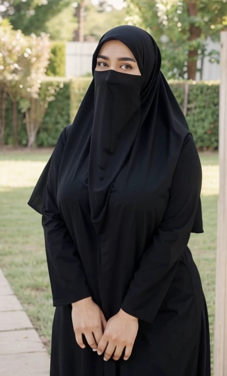 standing, solo, 1girl, mature female, hijab, short girl, long veil, long hijab, fat girl, fat body, beautiful face, cute face, sideboob, large breasts, thigh legs, areola slip, cleavage, leaning forward, hanging breasts, curvy, fat, arms down, looking at viewer, blush, parted lips, light smile, long black hair, black colour hair,