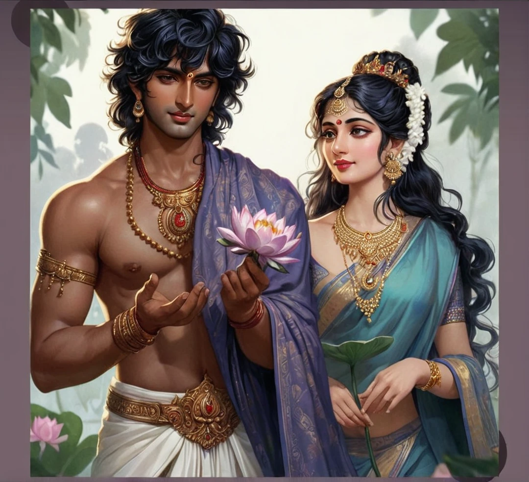 Beautiful couple of Mahabharat Arjun in white gold plated dhoti, bare upper body with ancient indian male jewelry, necklace with Subhadra of fair l, soothing, glass skin with golden glow in red saree and gold jewelry in romantic pose
