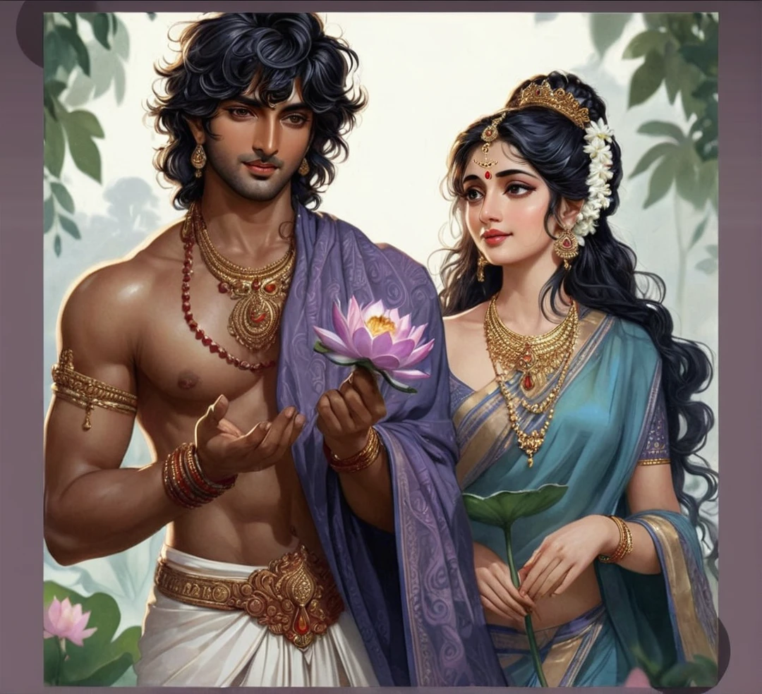 Beautiful couple of Mahabharat Arjun in white gold plated dhoti, bare upper body with ancient indian male jewelry, necklace with Subhadra of fair l, soothing, glass skin with golden glow in red saree and gold jewelry in romantic pose