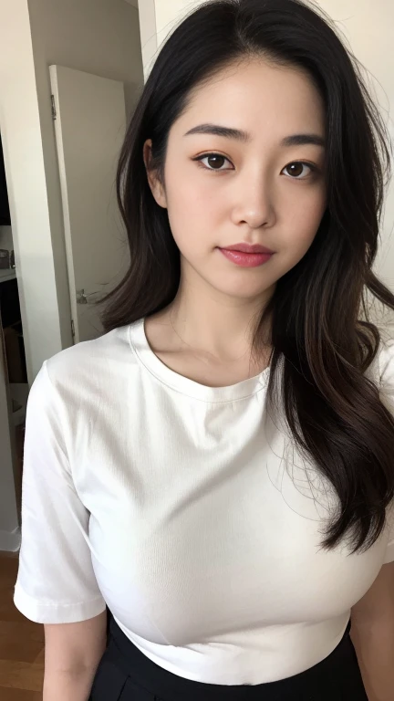 highest quality,masterpiece,Ultra-high resolution,(Realistic:1.4),Beautiful lighting, (Highly detailed CG Unity 8k wallpaper), Beautiful face in every detail,Detailed clothing, 50mm portrait photography, No background、One Girl,Big black eyes, cute, young, stop temporarily, Facial Lighting, Physically Based Rendering,Written boundary depth , Black Hair, short hair, ((Take from above)), Japanese women、20-year-old、whiteTshirt、(Big Breasts)、(Upper Body)、Young and beautiful woman taking a selfie, Taken with iPhone camera、white壁の前で