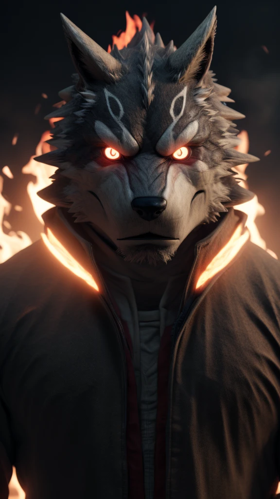 (best quality,8k,highres,masterpiece:1.2),ultra-detailed,(photorealistic:1.37),(the ultimate Orochi kuugo),red glowing eyes,staring at the viewer,detailed facial features,same design as Iori Yagami,background from The King of Fighters XV,fiery background,serious expression,on a realistic face,in 8k.