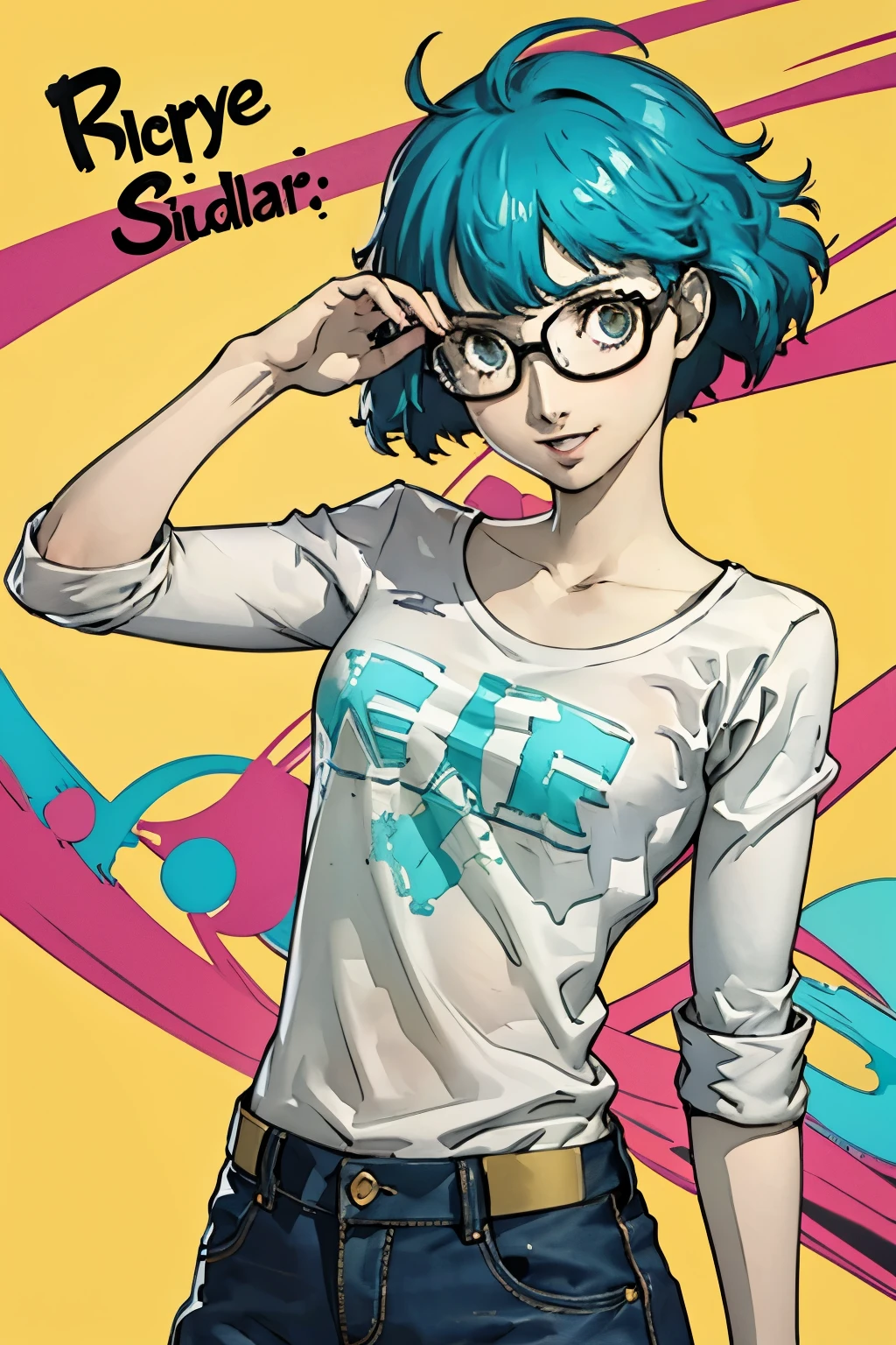 masterpiece, highest quality, One girl, alone, 23 years old, Adult, Turquoise Hair, Messy Hair, Asymmetrical Hair, Ahoge, Very short hair, Aqua Eye, Medium chest, Toned Up, 167cm, Pale skin, Glasses, Grin, Olive green shirt, jeans