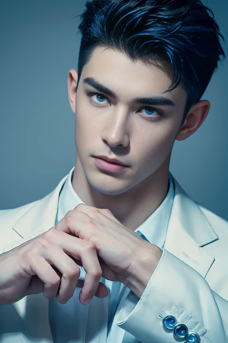 Ultra wide angle,((masterpiece)),((best quality)),8K,High Detail,Very detailed, 2 handsome muscular boys,Very manly,blue eyes,Stylish short hair,Vivid male image, fashion pose, masculine expression,Real skin texture, ((Perfect hand details)),(Real and complete hand details),Light,
Royal blue style couple,White male model photos