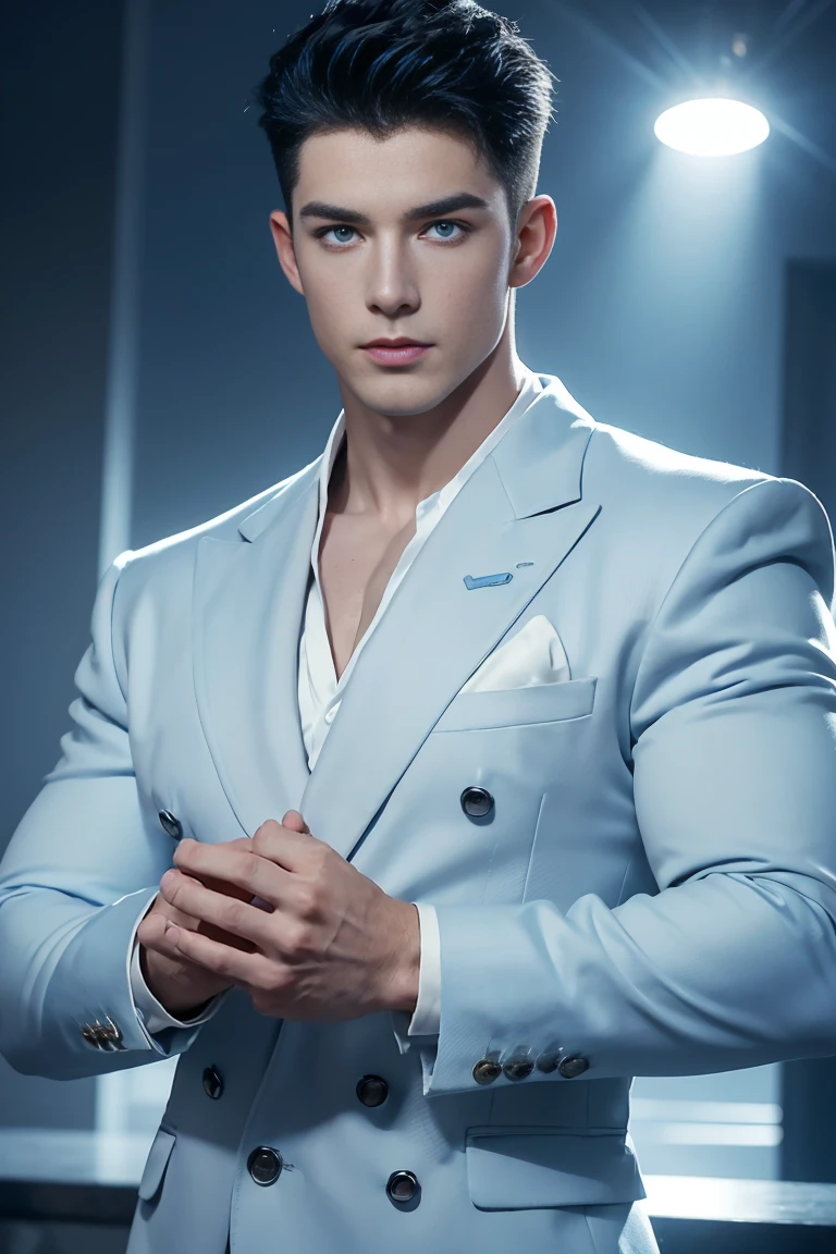 Ultra wide angle,((masterpiece)),((best quality)),8K,High Detail,Very detailed, 2 handsome muscular boys,Very manly,blue eyes,Stylish short hair,Vivid male image, fashion pose, masculine expression,Real skin texture, ((Perfect hand details)),(Real and complete hand details),Light,
Royal blue style couple,White male model photos