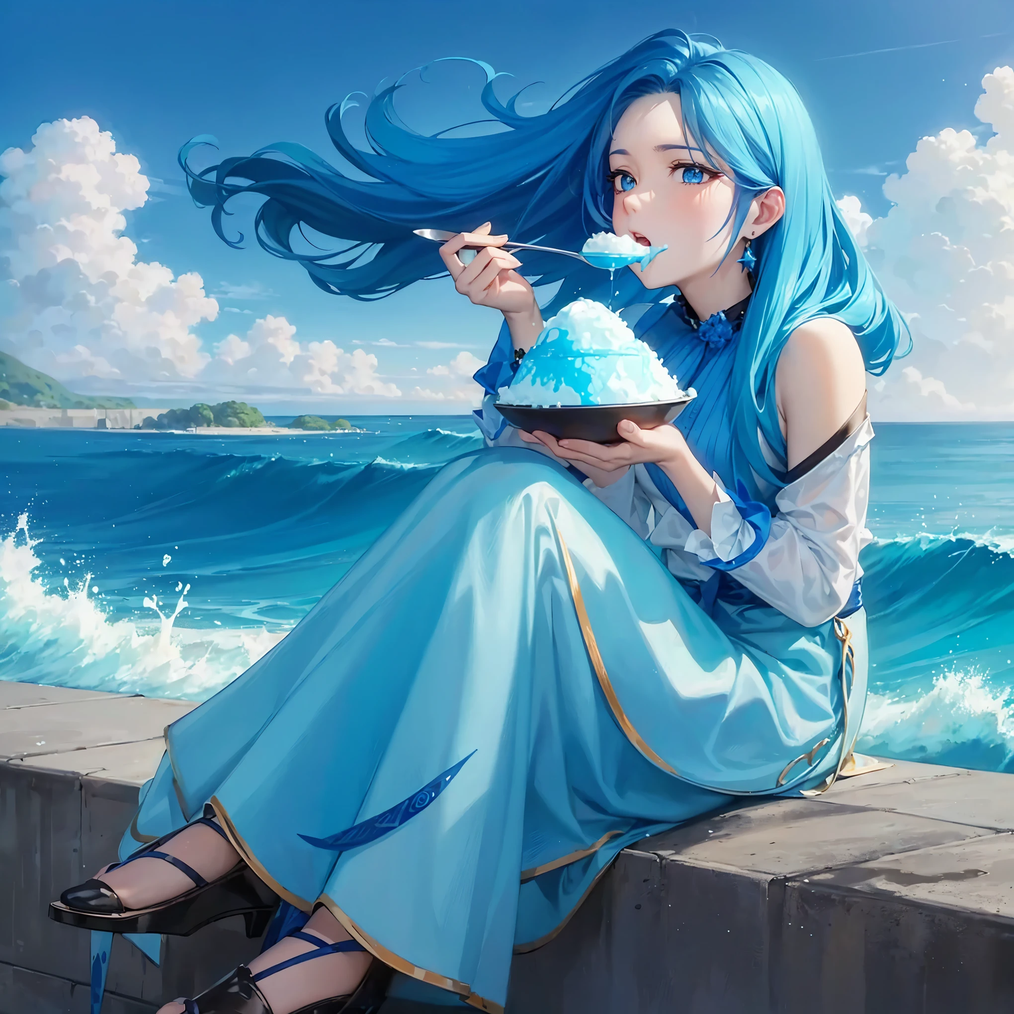 Top quality, masterpiece, 8K, woman sitting on concrete, eating shaved ice with spoon, spoon in mouth, long blue hair, blue eyes, wearing long blue skirt, shaved ice with blue syrup, blue ocean in background
