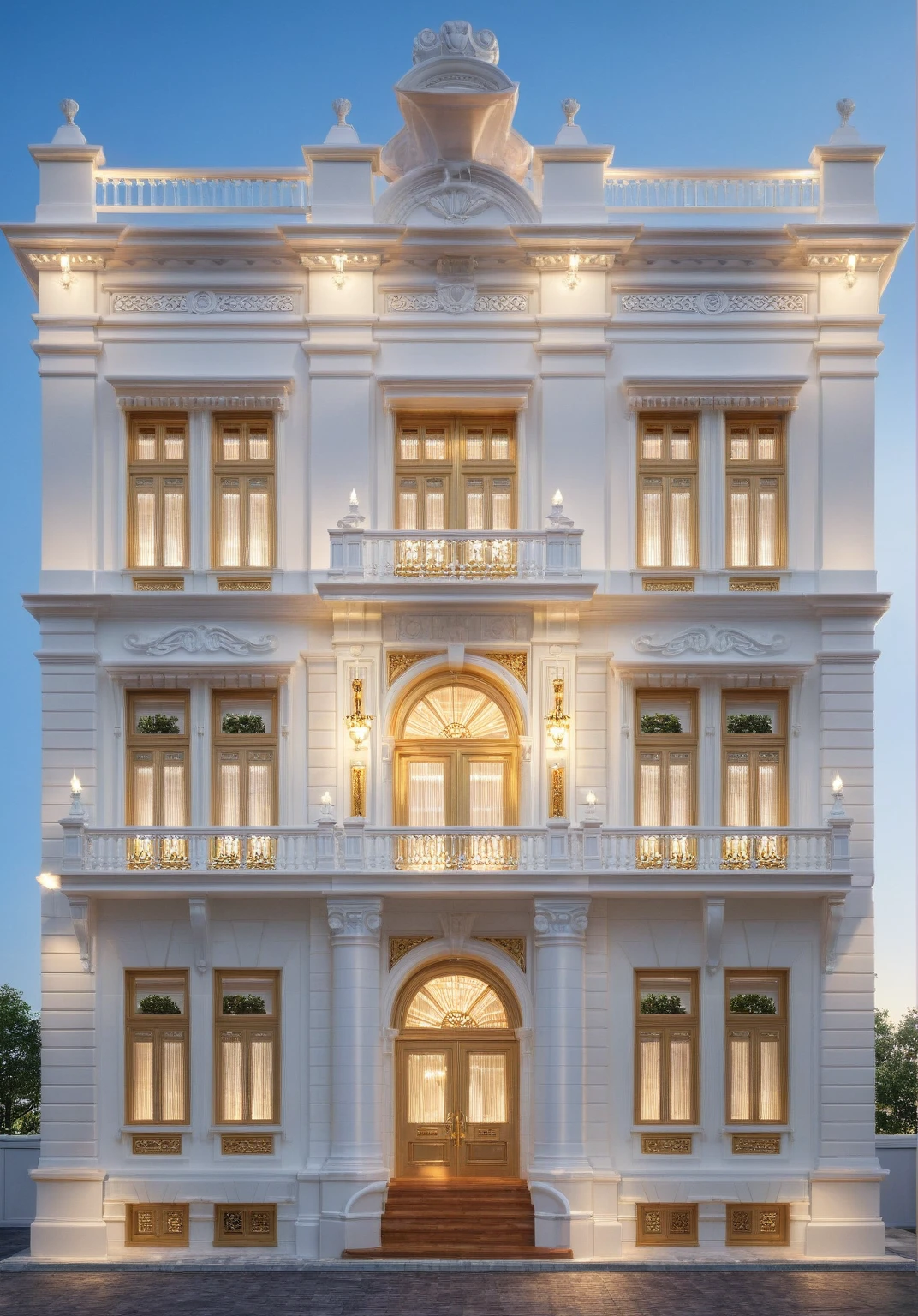 ,Masterpiece, Best quality,8K, Ultra-high resolution, rich atmosphere of luxury。Ornate crystal chandeliers hang high on the wall,Shine brightl . It is so comfortable,So much so that you can't help but indulge in it。Embellished with precious porcelain and champagne gold ornaments。Whenever it is late afternoon,The afterglow from the window spilled on the floor,Soft light and shadow are reflected,It was as if entering a dreamlanD,,Architectural style Architectural style, ((Classic Style House)),(masterpiece) , ((best quality)), dramatic lighting, high quality outdoors, sky, day, cloud, tree, blue sky, building, scenery, road, real world location, sunlight, enough detail, high resolution,super realistic, Photorealistic, highly detailed, balcony, door, car, truck, parking slot, paving, . Clean lines, architectural drawing, highly detailed , . Clean lines, geometric shapes, architectural drawing, highly detailed, (( round column : 1,3)), round pillar,