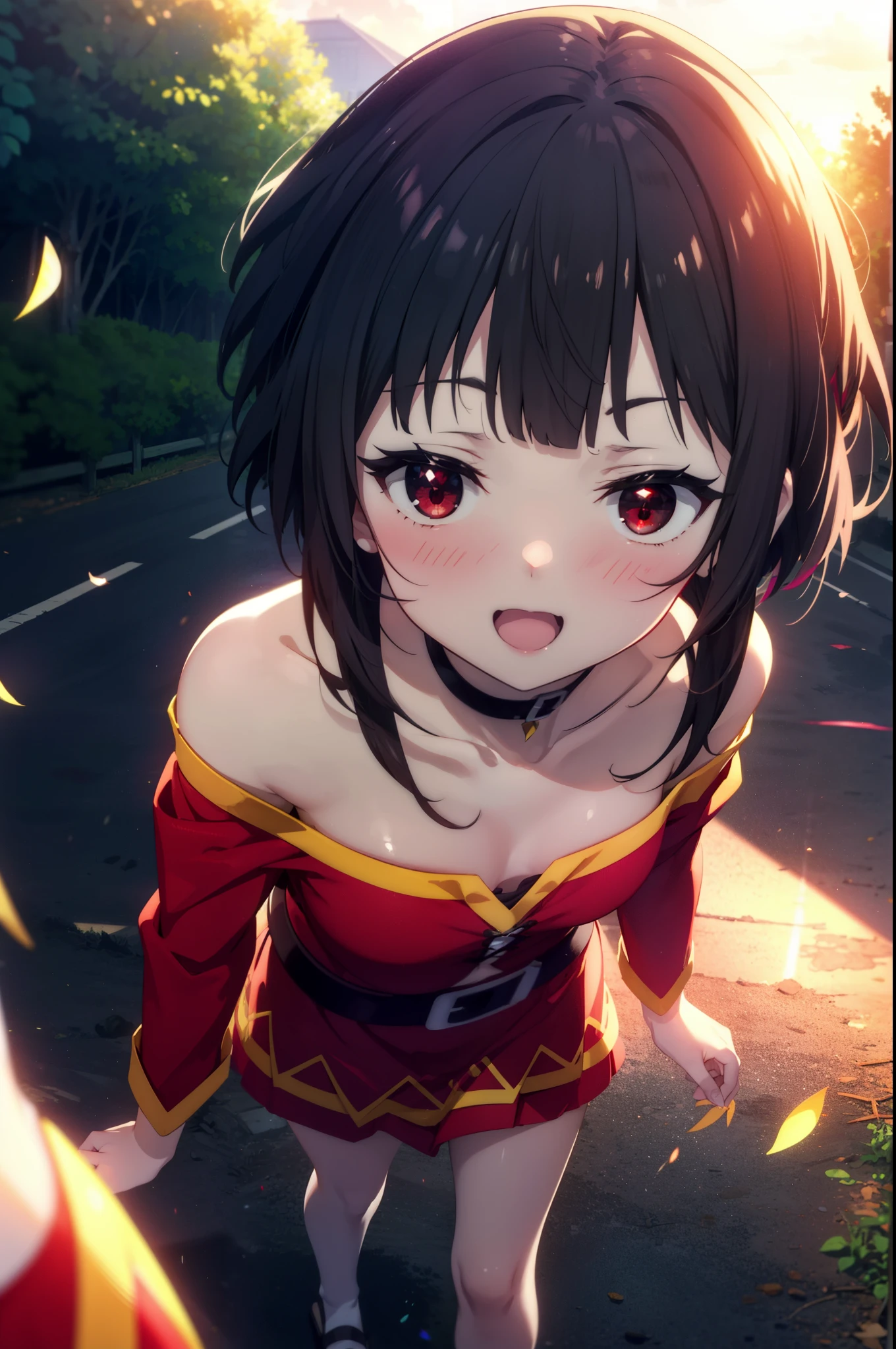 konosubaMegumin, Megumin, short hair, Black Hair, (Red eyes:1.3), short hair with long locks,happy smile, smile, Open your mouth,
Off-the-shoulder red dress,Red long skirt,Cute Sandals,Bare arms,bare clavicle,Bare shoulders,Bare neck,Walking,whole bodyがイラストに入るように,evening,Sunset,sunが沈んでいる,
break outdoor, forest, nature, wood, village, null, sun, cloud,
break looking at viewer, whole body,
break (masterpiece:1.2), highest quality, High resolution, unity 8k wallpaper, (figure:0.8), (Beautiful fine details:1.6), Highly detailed face, Perfect lighting, Highly detailed CG, (Perfect hands, Perfect Anatomy),