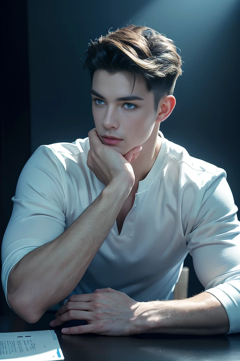Ultra wide angle,((masterpiece)),((best quality)),8K,High Detail,Very detailed, 2 handsome muscular boys,Very manly,blue eyes,Stylish short hair,Vivid male image, fashion pose, masculine expression,Real skin texture, ((Perfect hand details)),(Real and complete hand details),Light,
Royal blue style couple,White male model photos