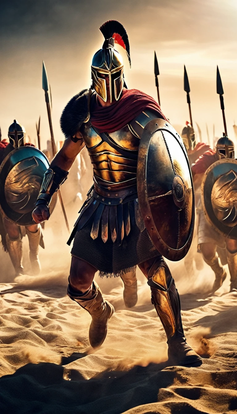 Full body, Create a detailed image of the annual Spartan event, featuring a massive arena where the best Spartan warriors and the bravest Helot slaves prepare to battle to the death, face in detail, asymmetrical faced, fair and smooth skin, detailed hands, detailed fingers, masterpiece, cinematic lighting, physically based rendering, lens flare, award winning rendering, perfect rendering detail, 8K, realism, detailed background, everything in detail, cinematic shot, dynamic lighting, 75mm, Technicolor, Panavision, cinemascope, fine details, 8k, HDR, realism, realistic, key visual, film still, superb cinematic color grading, depth of field,