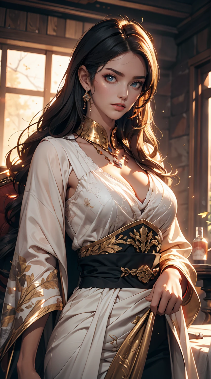 Very beautiful young woman, Subtle makeup, Golden Hour, Realistic, High Contrast, 8K HD, detailed, hyper-detailed, Realistic skin texture, Long black hair, Large Breasts, highest quality, Ultra-high resolution, RAW Photos, Dramatic lighting, Unreal Engine, Diffused glow complex silver airbag, White Emperor's Cape, gun, sword, Rudderless