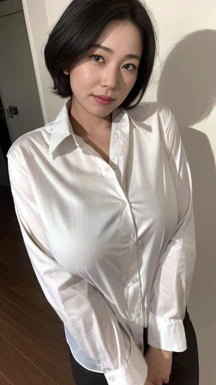 highest quality,masterpiece,Ultra-high resolution,(Realistic:1.4),Beautiful lighting, (Highly detailed CG Unity 8k wallpaper), Beautiful face in every detail,Detailed clothing, 50mm portrait photography, No background、One Girl,Big black eyes, cute, young, stop temporarily, Facial Lighting, Physically Based Rendering,Written boundary depth , Black Hair, short hair, ((Take from above)), Japanese women、20-year-old、whiteTshirt、(Big Breasts)、(Upper Body)、Young and beautiful woman taking a selfie, Taken with iPhone camera、(white壁の前で)