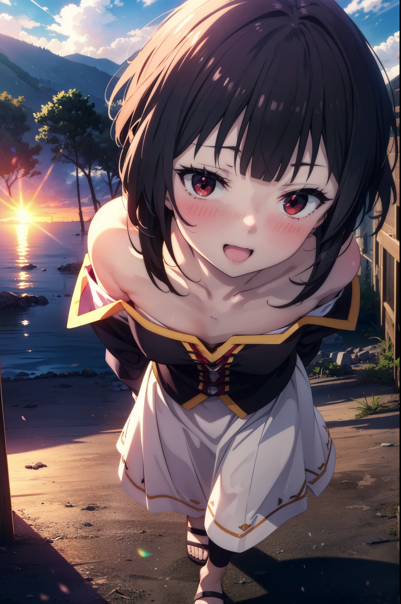 konosubaMegumin, Megumin, short hair, Black Hair, (Red eyes:1.3), short hair with long locks,happy smile, smile, Open your mouth,
Off-the-shoulder white dress,White long skirt,Cute Sandals,Bare arms,bare clavicle,Bare shoulders,Bare neck,Walking,whole bodyがイラストに入るように,evening,Sunset,sunが沈んでいる,
break outdoor, forest, nature, wood, village, null, sun, cloud,
break looking at viewer, whole body,
break (masterpiece:1.2), highest quality, High resolution, unity 8k wallpaper, (figure:0.8), (Beautiful fine details:1.6), Highly detailed face, Perfect lighting, Highly detailed CG, (Perfect hands, Perfect Anatomy),