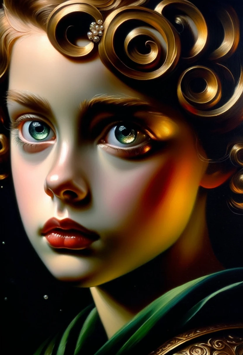 [[(Close-up of the face: (young Hera Hilmar) (solo) with big eyes pearl makeup and a pearl-black hurricane bob hair, ((pores / facial hairs)))((Agnolo Bronzino / Jerry-Pinkney style!!!))])):20]/[background:
 dark Renaissance, old canva, (noir night), (tenebrosso style Caravaggio:1,6))]/[two-color lighting, ((oil painting palette knife))((masterpiece)),((highest detail))]]