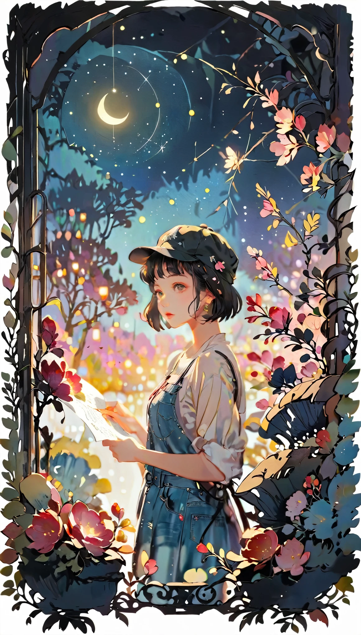 (((paper cutting style))), 1 girl, short black short hair, cap, shirts and denim, portfolio, gazing at a star-filled night sky