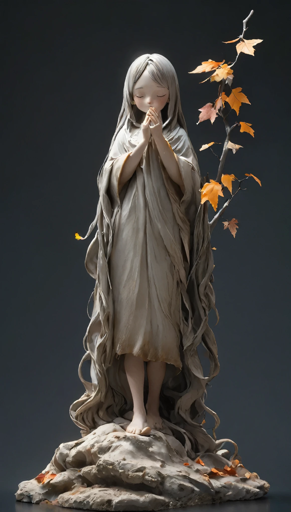 (highest quality:1.2),ultra-light clay, woman, womanの身体,Long Hair, Kind expression, close your eyes, barefoot, clay, Pottery, Thin fabric, Confused, dirty, mineral pigments, 3D clay sculpture art, clay sculpture, Rough surface, (slope,slope background,Jet black background,Eat food,alone,Are standing), highest quality、Ultra-detailed、High quality details、8k、autumn leaves:1.5、deep autumn forest、Tree leaking day、silence