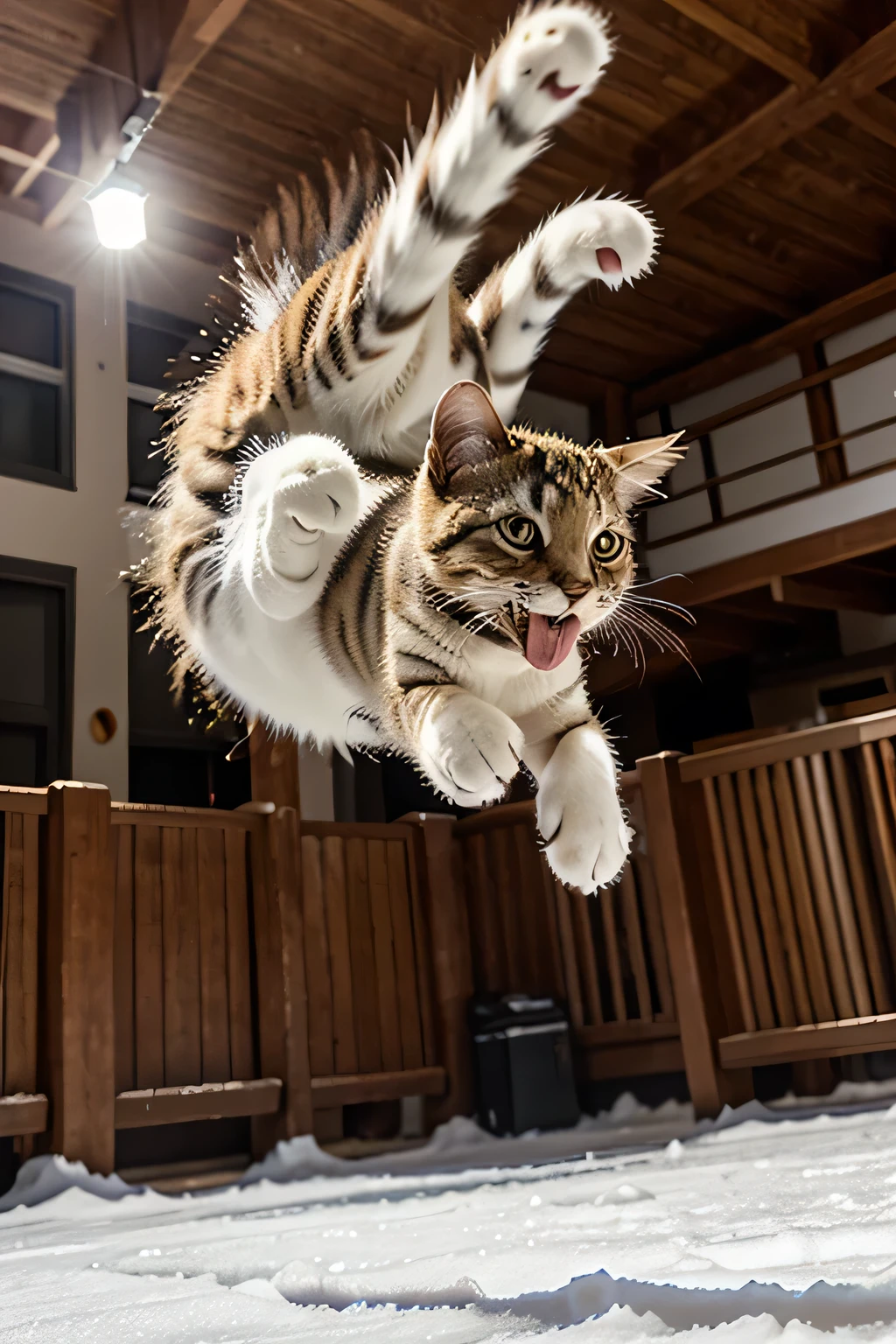 There is a cat jumping in the snow, Cat floating in the air, great cat, Electric cat flying across the ice, jump towards viewer, Jump to the viewer, run cat, Happy cat, Cheers, wave to the camera, run, funny cat, pounce, Running towards the camera, jump, Pounce on the audience