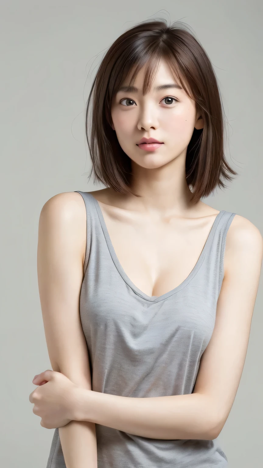 Sculpting sexy poses, (masterpiece:1.3), (8k, Realistic, RAW Photos, highest quality:1.4), (1 girl), Beautiful Face, Realistic face, (Detailed face), Beautiful Hairstyles, Shortcuts, (Thin Hair), Realistic eyes, (Fine Eyes), Beautiful details, Realistic skin, (Fine skin), Beautiful Skin, charm, Ultra-high resolution, Surreal, Very detailed, (Flat Chest:0.5), The Beauty of Japan, (Slim figure), kind, Brown Hair, Cute young Japanese girl, Cute young Japanese girl, (Simple gray background), Flat Chest :1.2, Accentuate your cleavage, Stagnation, Wide Shot, (ankle shot), Wearing a large T-shirt without a bra, Girlish, Protruding nipples, pubic hair