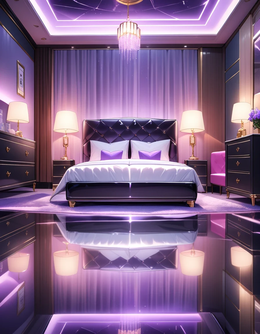 lovehotel, reflection ground, glowing bed,ceiling reflection,, masterpiece, best quality, very aesthetic,