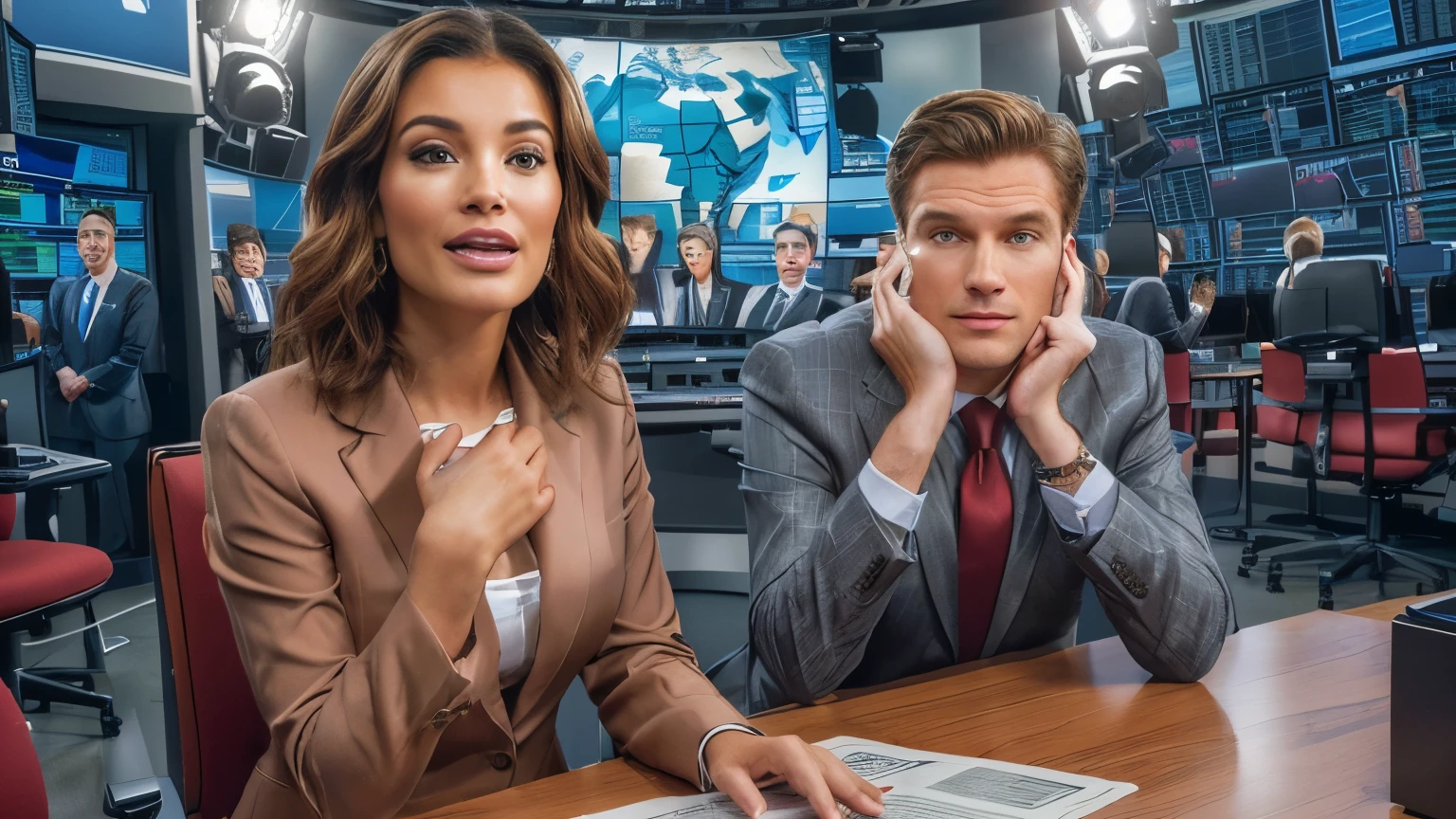 hyper-realistic image of of exaggerated but photographic image of news reporters, a host and a guest. two individuals seated at a desk in a setting that resembles a newsroom. The person on the left is dressed in a brown blazer, while the one on the right is wearing a dark suit with a red tie. In front of them, there’s an open newspaper, and behind them, we can see multiple cameras pointing in their direction. This suggests they are likely the focus of attention, possibly during a press conference. The background is adorned with screens and monitors, one of which displays what appears to be a globe.
