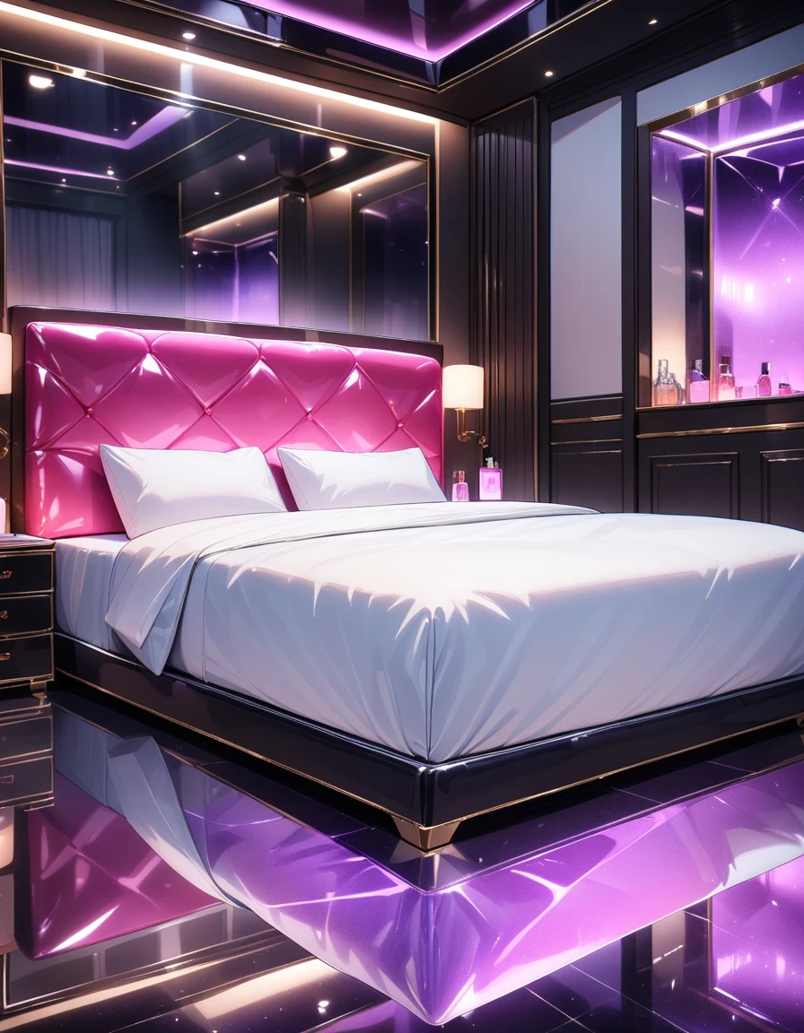 lovehotel, reflection ground, glowing bed,reflection wall,, masterpiece, best quality, very aesthetic,