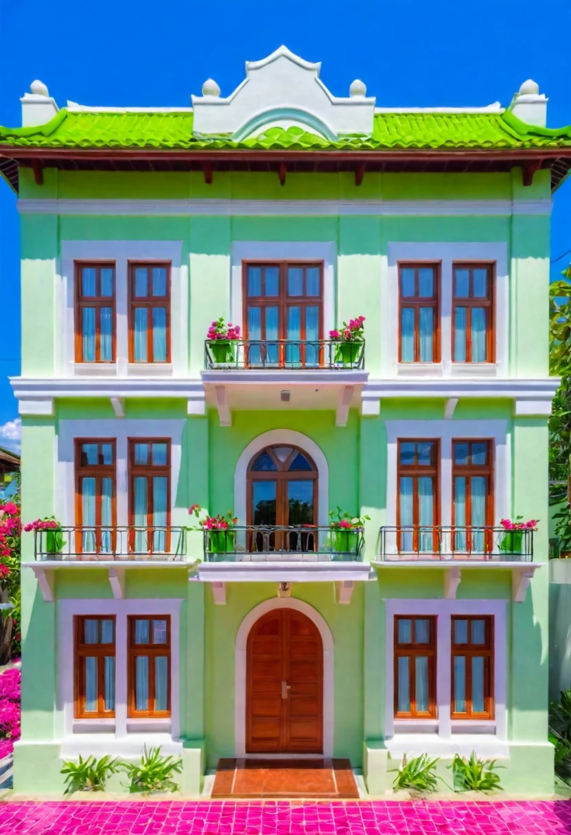 Raw photo,Masterpiece, high quality, best quality, authentic, super detail, exterior, outdoors, house style indochine, Many bougainvilleas along the road ,aiaigroup road,pavement, grass, trees, sky, cloud, (day:1.1), vivid colour ((green tile roof:1.3))