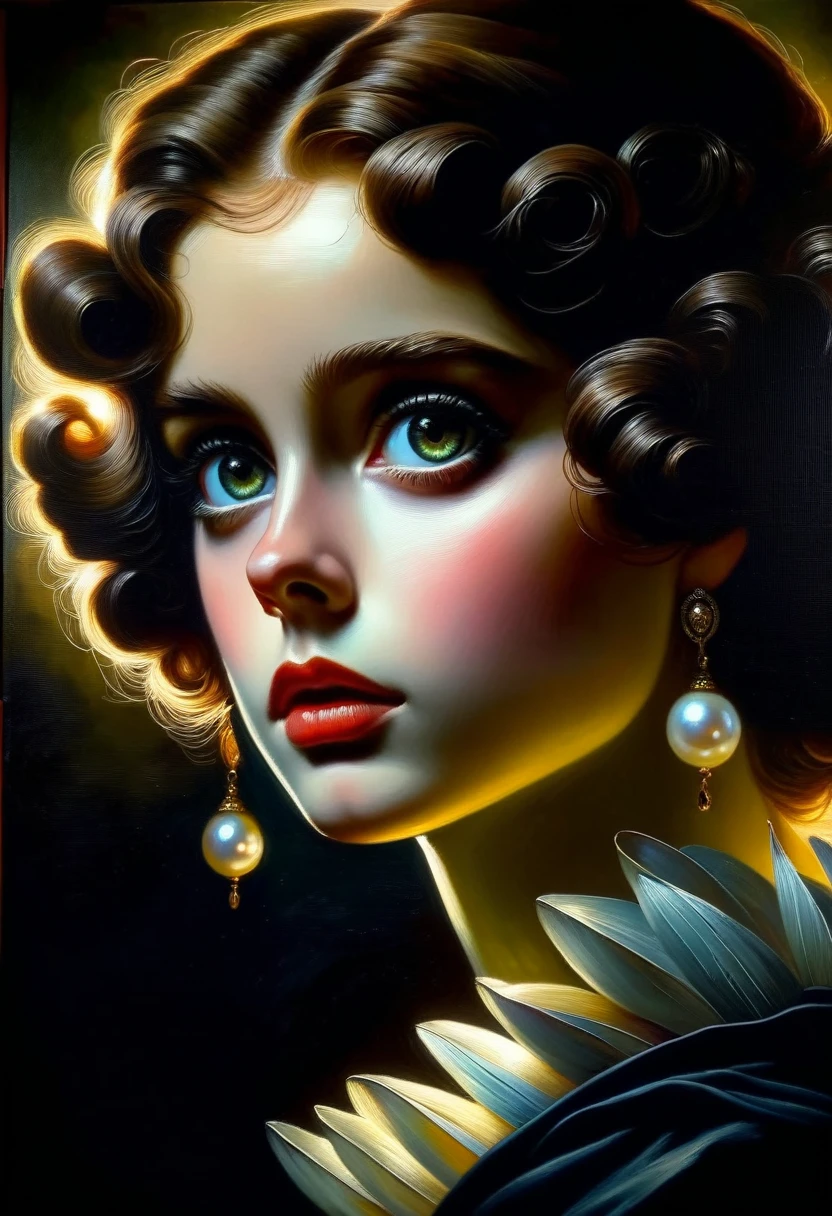[[(Close-up of the face: (young Hera Hilmar) (solo) with big eyes pearl makeup and a pearl-black hurricane bob hair, ((pores / facial hairs)))((Apollonia-Saintclair style!!!))])):20]/[background:
 dark Renaissance, old canva, (noir night), (tenebrosso style Caravaggio:1,6))]/[two-color lighting, ((oil painting palette knife))((masterpiece)),((highest detail))]]