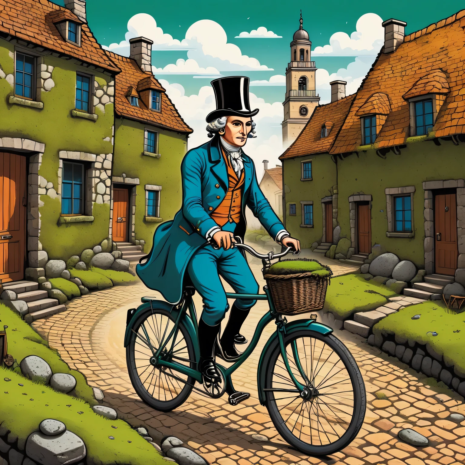 Aesthetics of vector graphics, surreal image of an 18th century gentleman on a retro bicycle, riding a bicycle along the street of a drawn ancient city, houses made of stones covered with moss and grass, surreal image of a retro bicycle, vector graphics, high resolution, clear outlines, colorful gradients