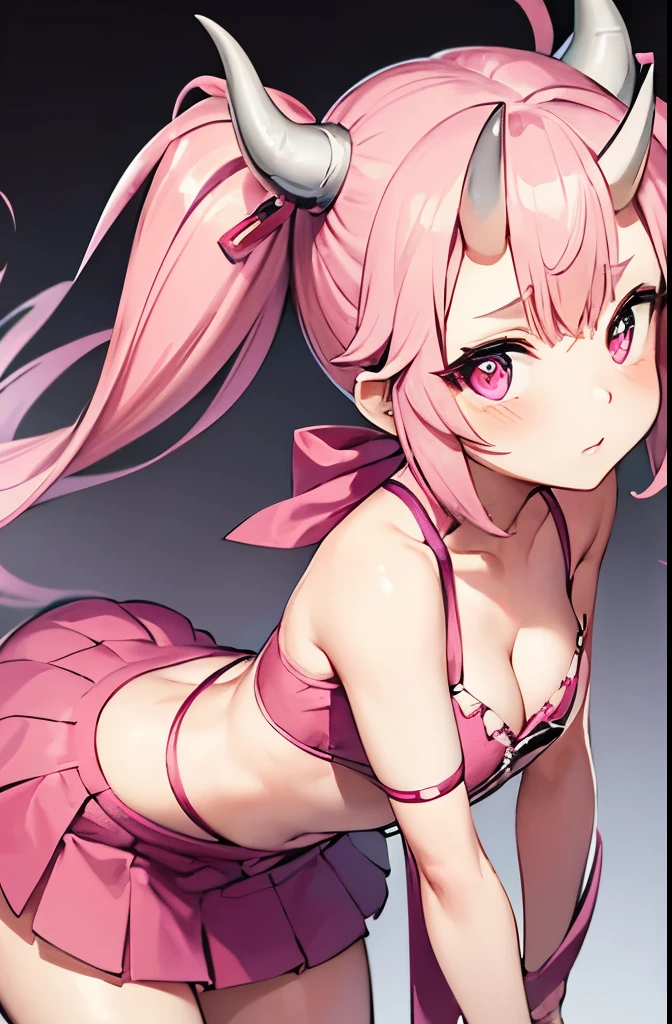 A close-up, frontal view of a cute and adorable pink oni girl, her youthful features framed by her distinctive, sharp horns. Her large, blue expressive eyes are drawn in a playful, slightly surprised shape, and they sparkle with mischief. Her smooth, rosy cheeks are accentuated by a pair of delicate pink blushes, emphasizing her innocence and girlish charm. Her long, flowing hair cascades down over her shoulders in a gentle wave, each strand painted a vibrant shade of hot pink. Her lips are painted a soft, coral shade, inviting you to take a closer look at her playful grin. She wears a traditional oni garb, consisting of a sleeveless top that accentuates her toned physique and a short, fluffy skirt that flutters around her knees as she moves. She has two, pink oni horns curving from her forehead. Around her neck, she wears a bright red obi sash, tied in a playful bow, and a pair of black, lace-up boots complete her look. The background is a soft, dreamy shade of pastel pink, adding to the overall kawaii atmosphere of the image.