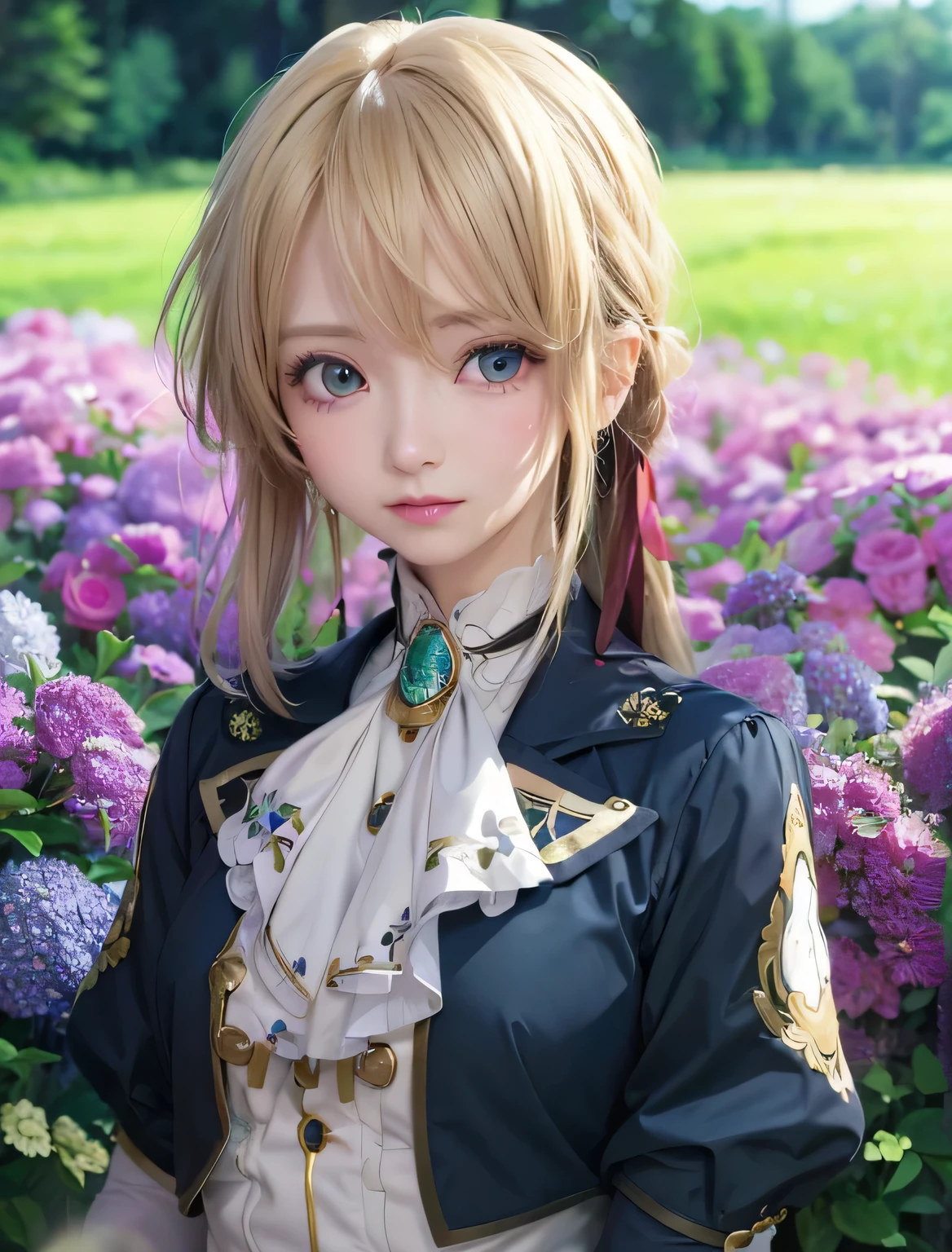 highest quality photography, Live-action adaptation of anime drawings, Masterpiece, 8k images, Subtle details, Shiny blonde hair, Cute girl in uniform, Sapphire brooch, Very beautiful face, Cute face like a goddess, Delicate beautiful eyes, White skin, Accentuating body lines, Bust Sharp Hocus, No underwear, Natural Lighting, Plain white background